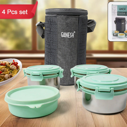 4in1tiffin Box-lunch Box  3 Stainless Steel Containers 300 Ml Approx  Plastic Salad Container 200 Ml Approx Plastic Lid Box  Round Zip Bag  Leak Proof  Microwave Safefor Office College And School For Men Women - Happy Price - Image 1