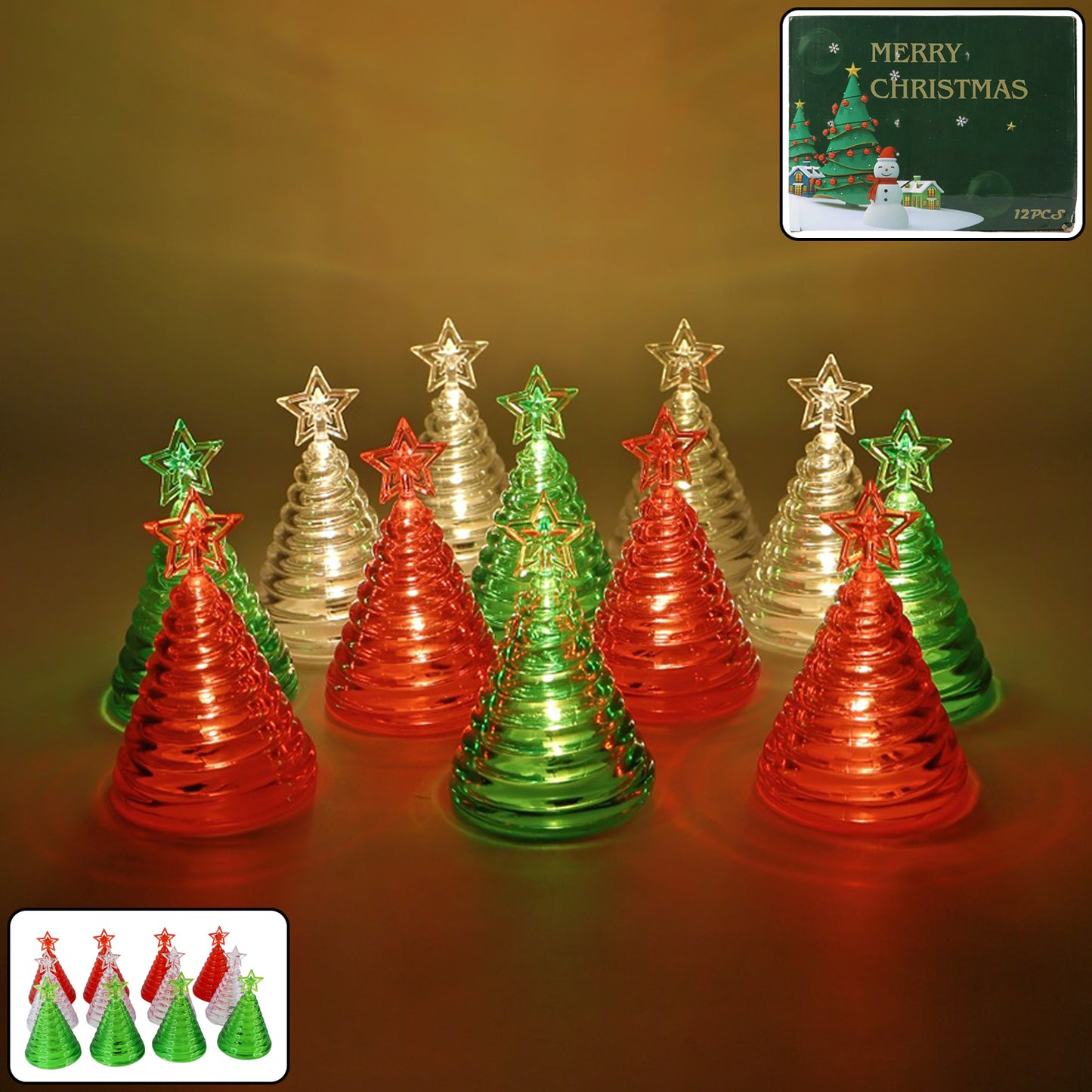 12 Pc Christmas Tree LED Decorative Lights Set with Star Topper - Battery Operated Flameless Festive Decor - Happy Price - Image 3