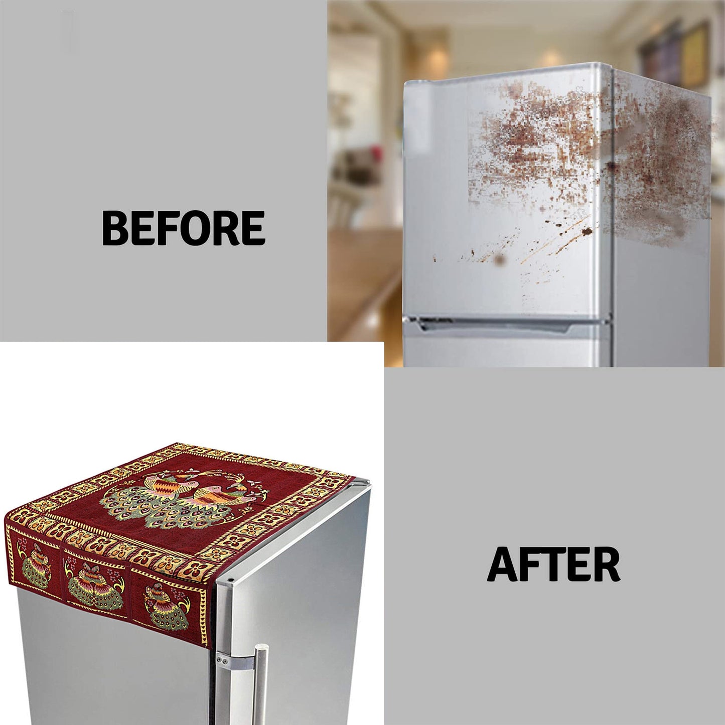 Cotton Fridge Top Cover Set - Standard Appliance Covers Fridge Dustproof Cover With Peacock Deign 6 Utility Side Pockets Fridge Cover For All Types Fridge Refrigerator Use (100x60cm) - Happy Price - Image 4