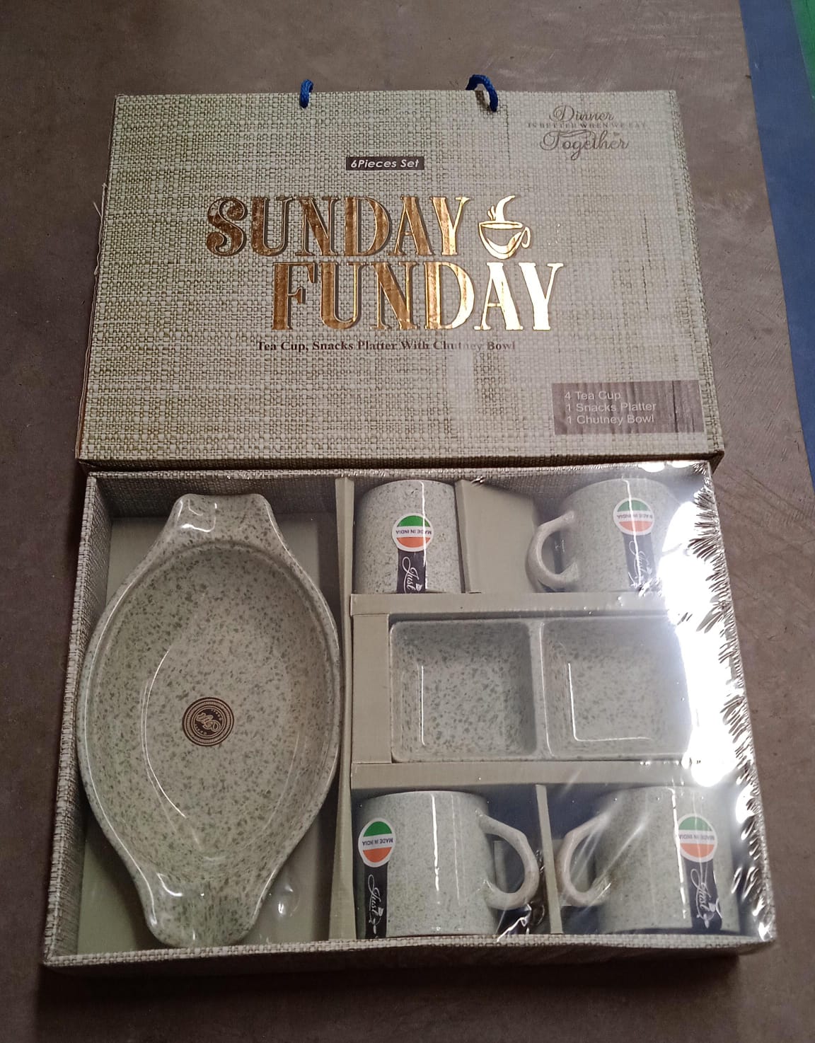 Sunday Funday Ceramic Tea  Cups  Mug With Plastic Snacks Platter And 2 Compartment Chutney Bowl Milk Cup Coffee Cup Breakfast Cup Drinking Mug Or Outdoor For Household Gift For Birthday Wedding Party (6 Pcs Set) - Happy Price - Image 7