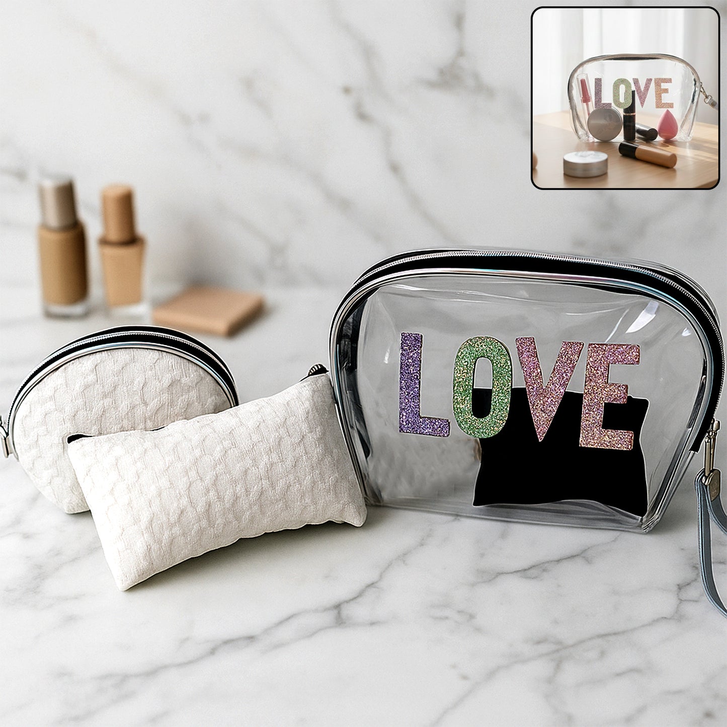 3-Piece Cosmetic Bag Set with Transparent Glitter Pouch - Happy Price - Image 6