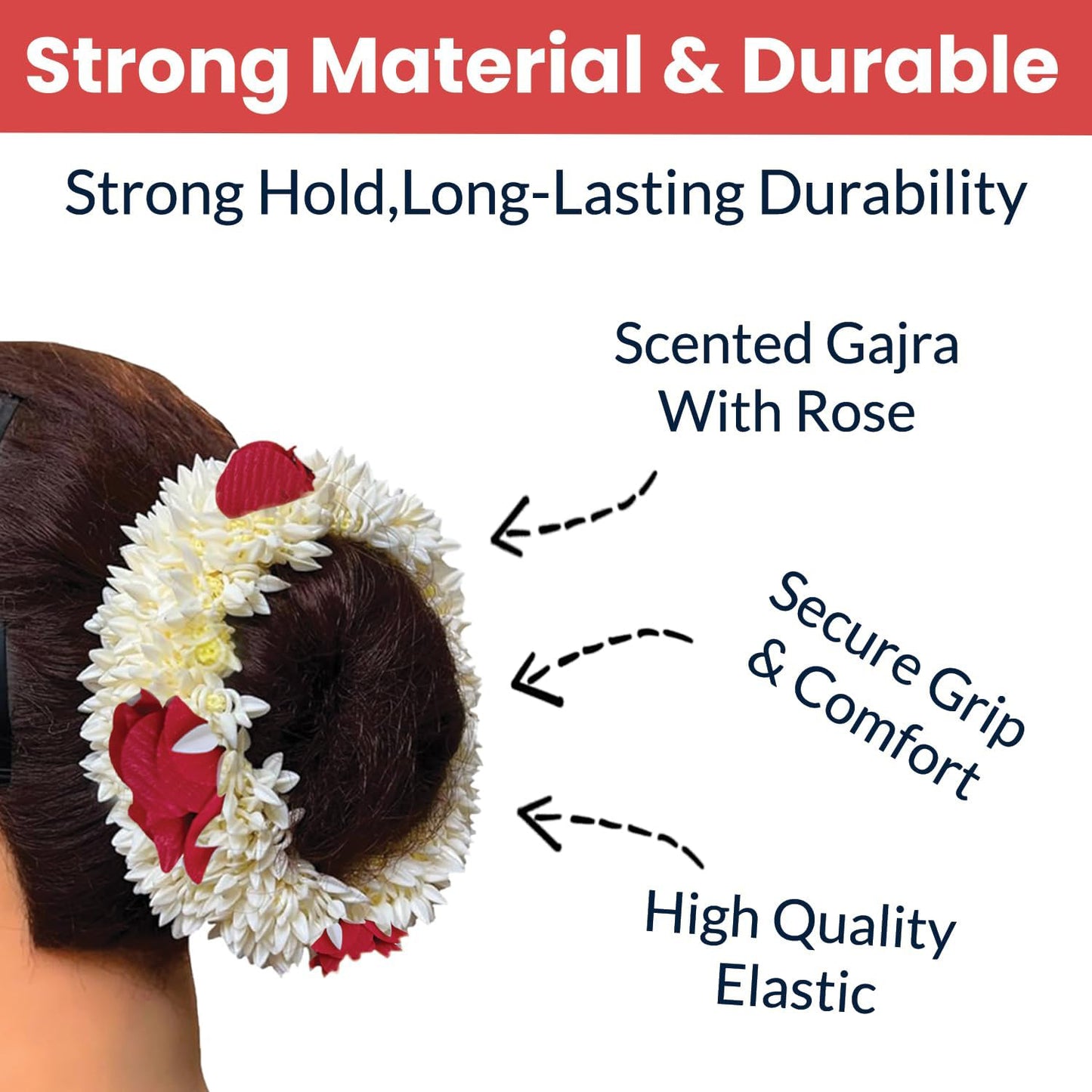 Artificial Flower Gajra with Red Roses & White Jasmine - 1 Pc Hair Accessory - Happy Price - Image 4