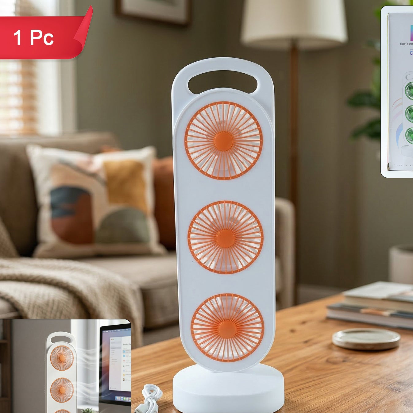 Portable 3 In 1 Design Triple Head Table Fan (1 Pc)
