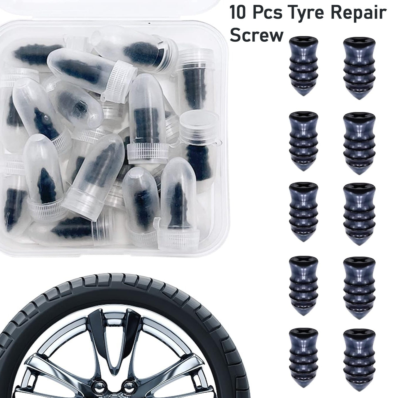Tire Repair Rubber Nail Car Tire Repair Nails Tire Repair Rubber Screws Black (10 Pcs Set) - Happy Price - Image 1