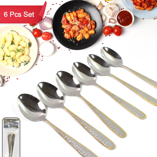 Stainless Steel Gold Bordered Textured Spoons Gold Plated Handle Set Of 6 Pc - Happy Price - Image 1