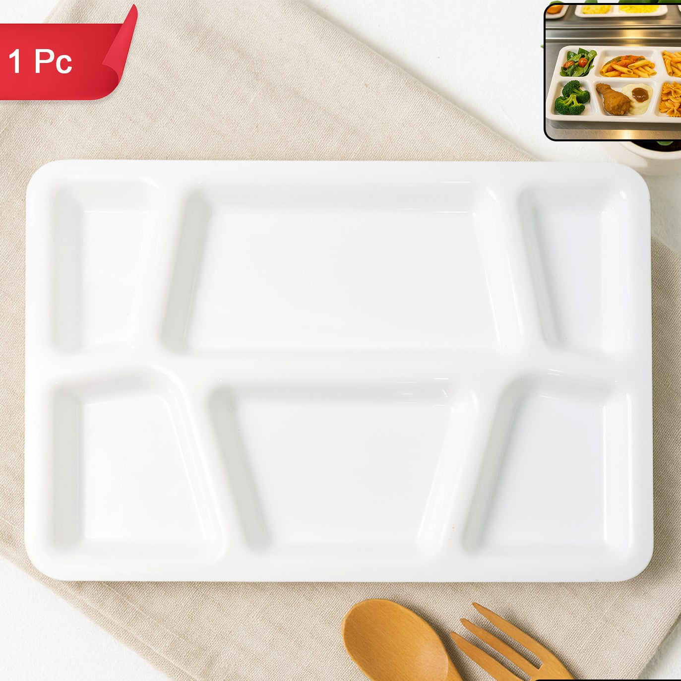 6 Compartment Plastic Meal Serving Tray - 38x27 cm White Dining Plate (1 Pc) - Happy Price - Image 1