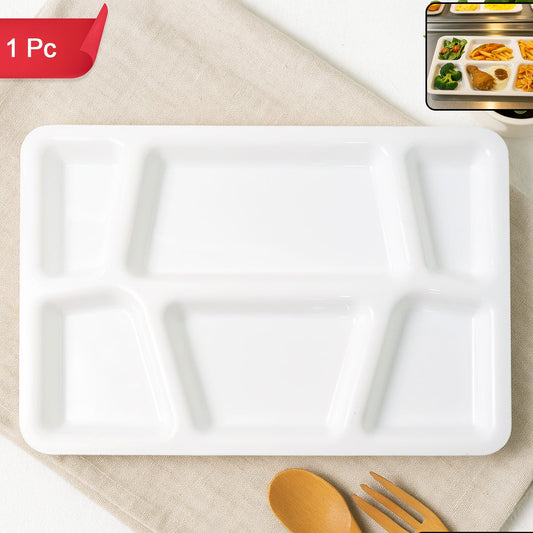 6 Compartment Plastic Meal Serving Tray - 38x27 cm White Dining Plate (1 Pc) - Happy Price - Image 1