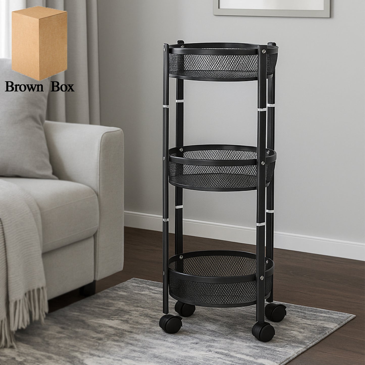 3-layer Round Metal Mesh Utility Storage Trolley With Wheels - Happy Price - Image 3