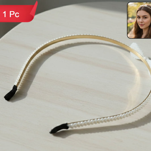 Pearl Beaded Slim Metal Hair Band for Women - 1 Pc - Happy Price - Image 1