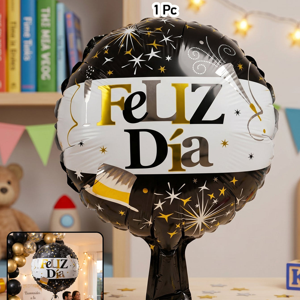 Black Golden Feliz Dia Round Foil Balloon (1 Pc)