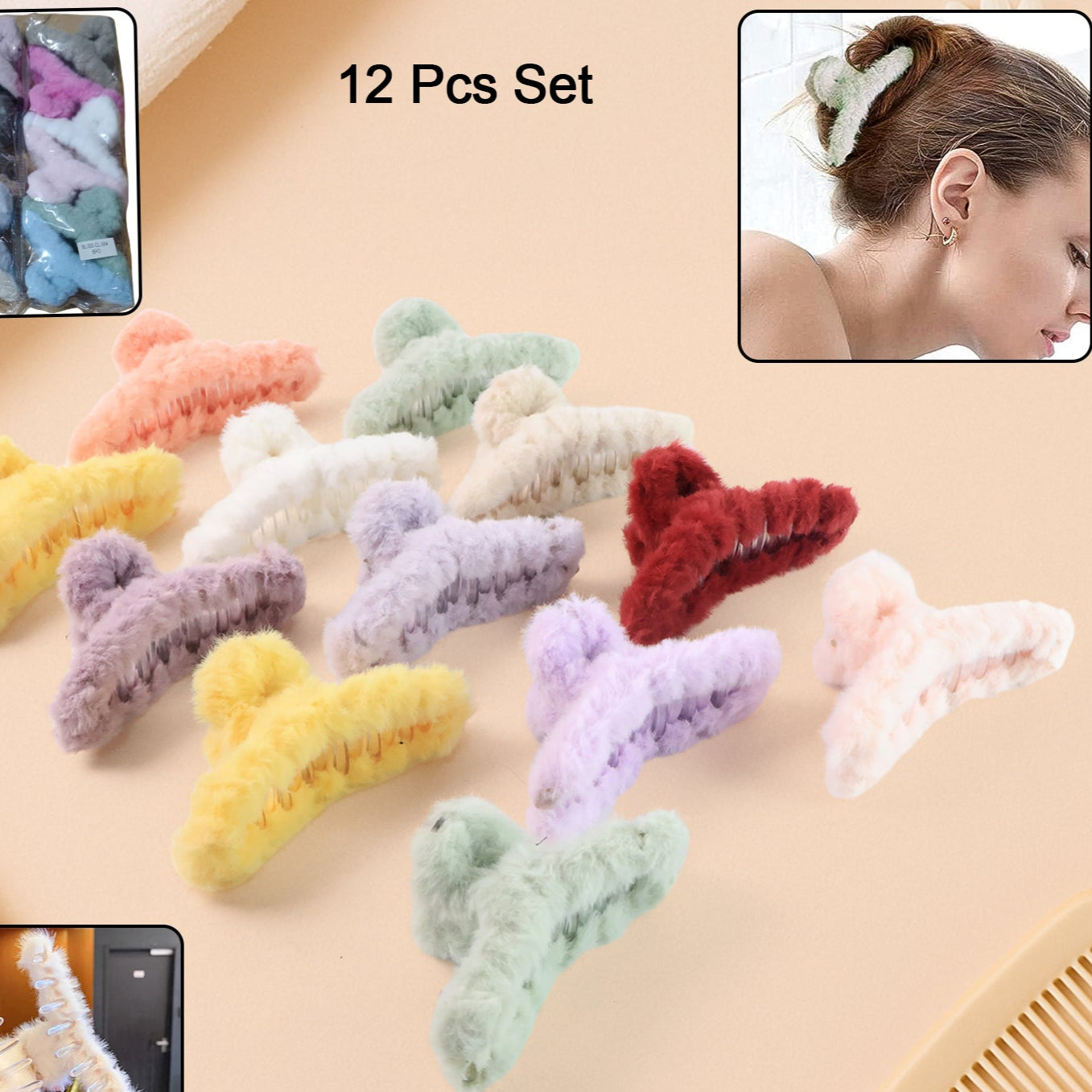 Premium Soft Fur Coated Hair Clutcher Clip Set (12 Pc) - Happy Price - Image 1
