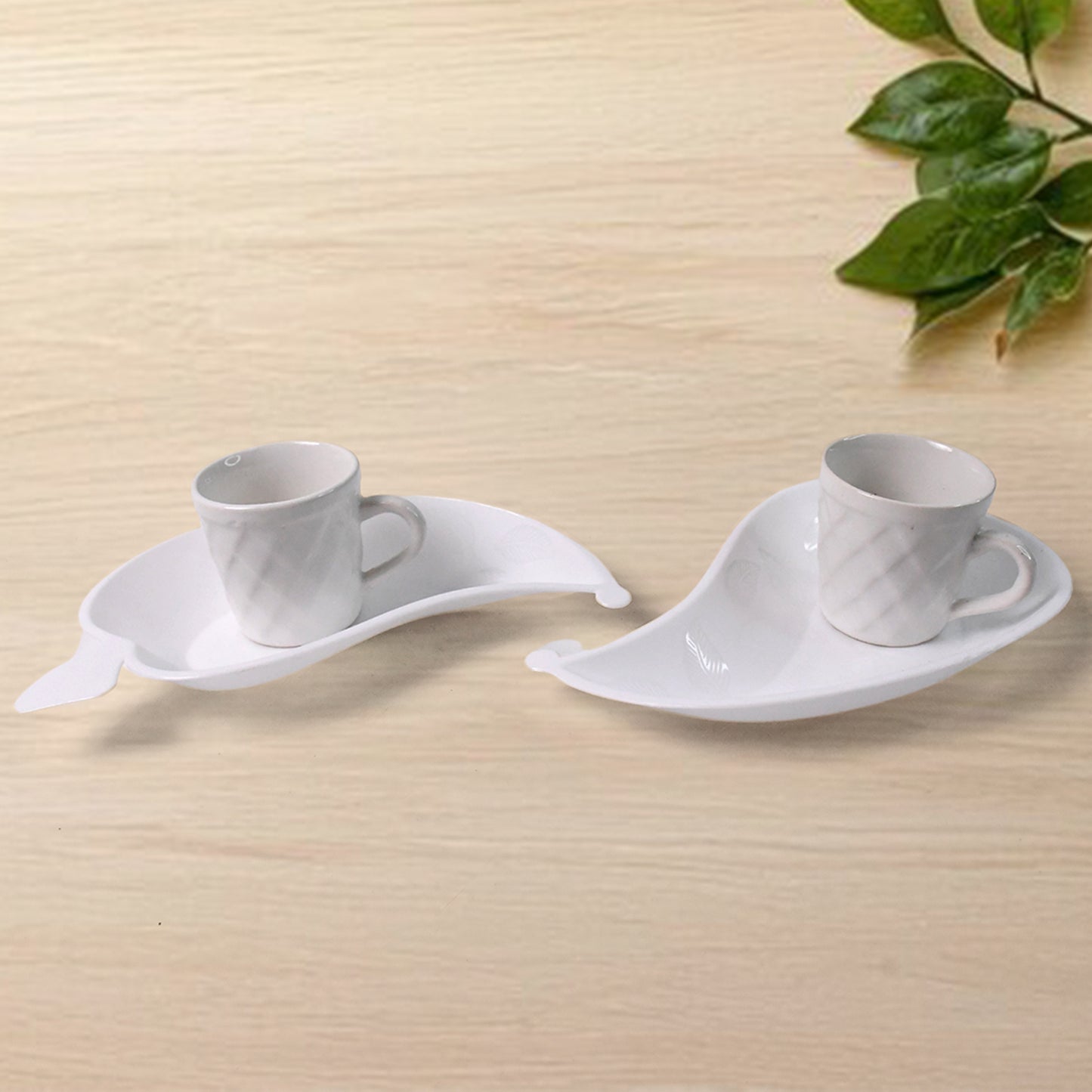 Unibic Ceramic Tea Cups With Plastic Leaf Shape Tray  Platter (6 Pcs Set) - Happy Price - Image 6