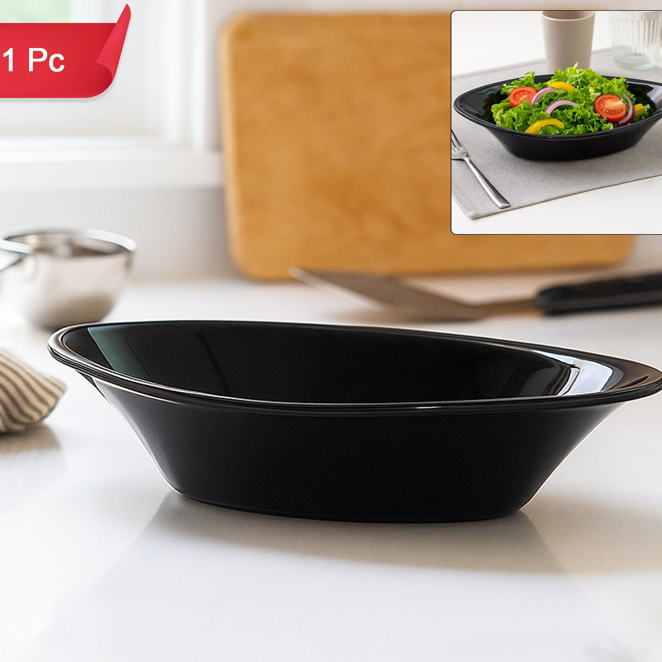 Black Oval Serving Bowl - 1 Pc Break-Resistant Plastic for Salads & Snacks - Happy Price - Image 1