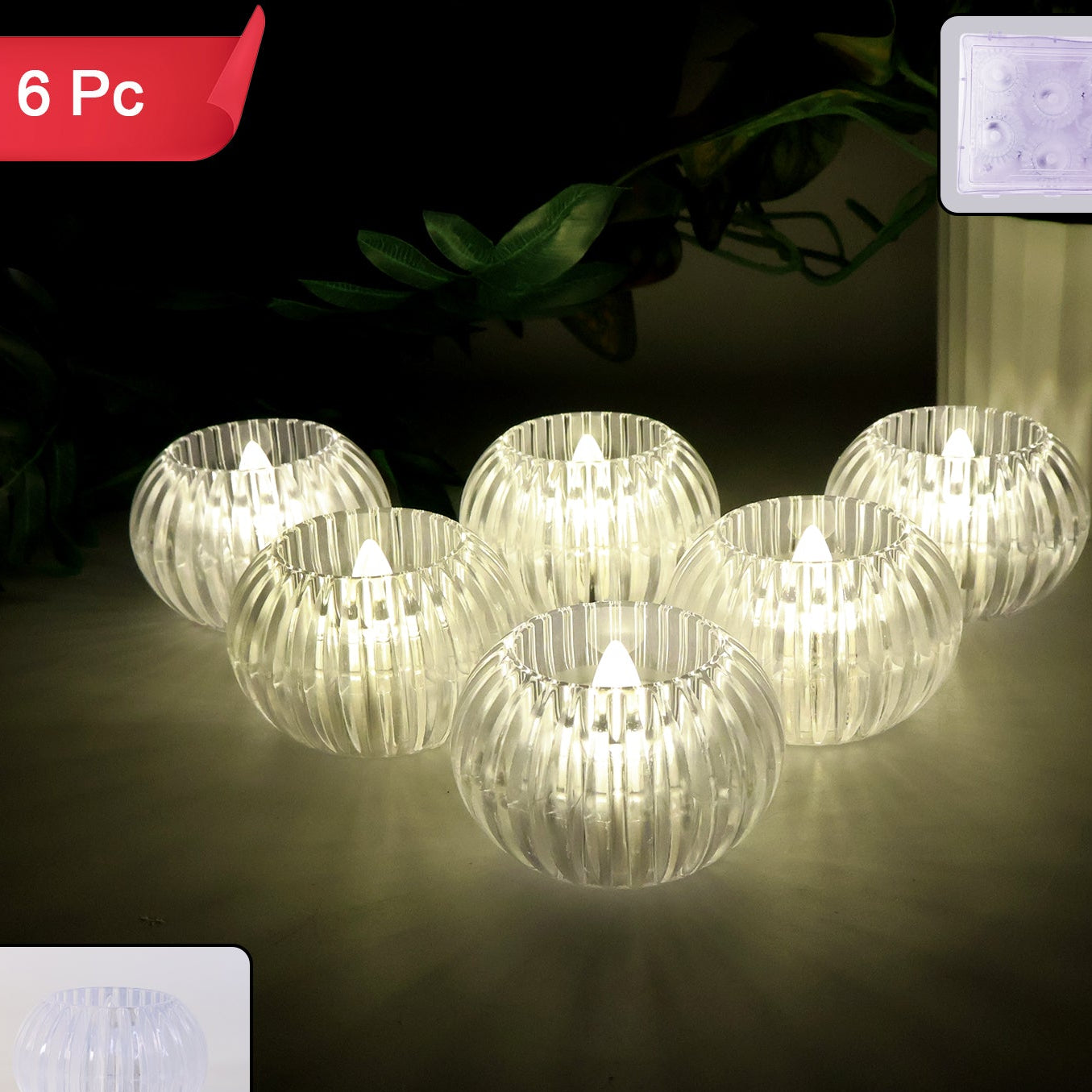 Crystal Effect LED Tealight Candles - 6 Pcs Set - Warm White Flickering Glow - Happy Price - Image 1