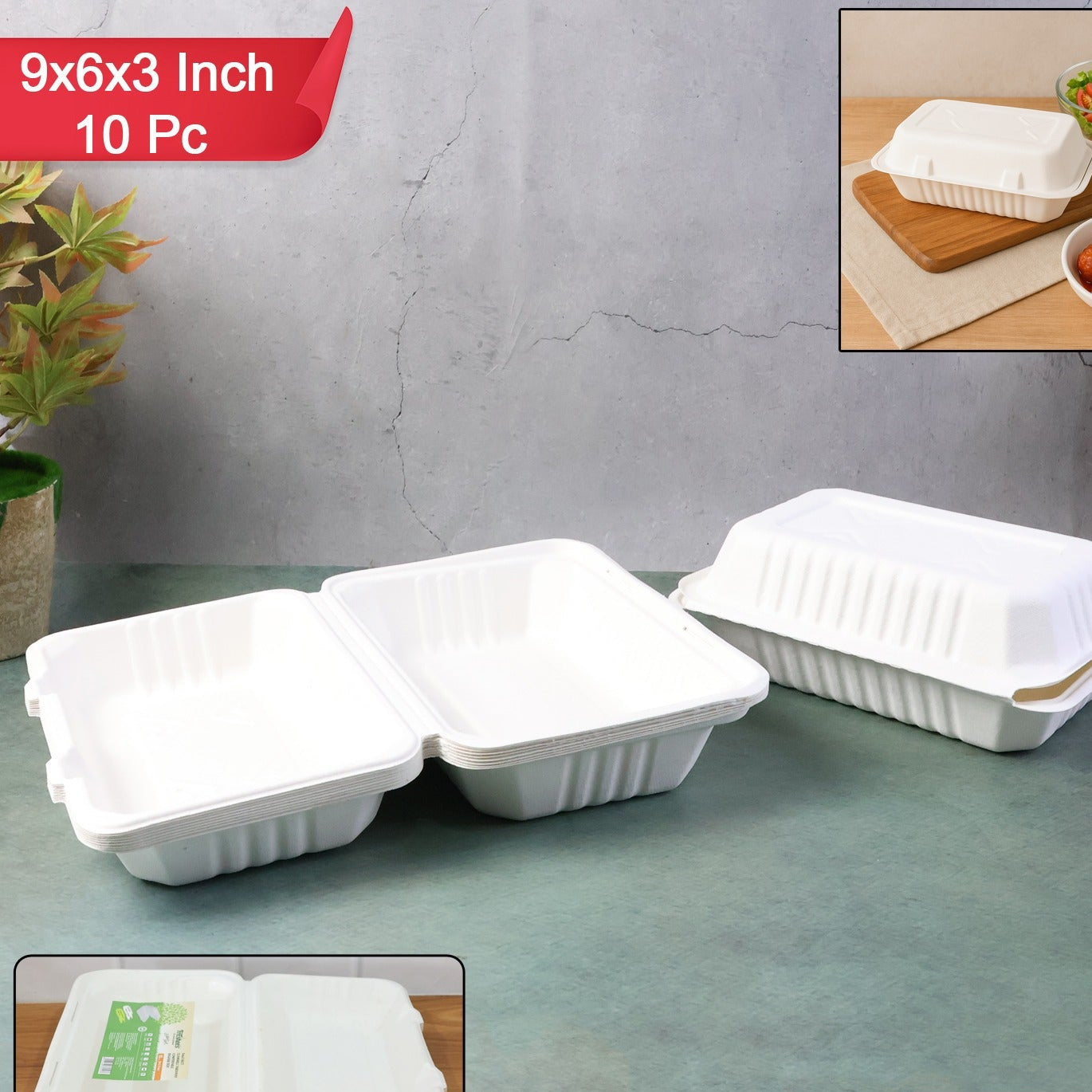 Compostable Bagasse Food Box with Hinged Lid - 9x6x3 Inch, 10 Pcs Pack - Happy Price - Image 1