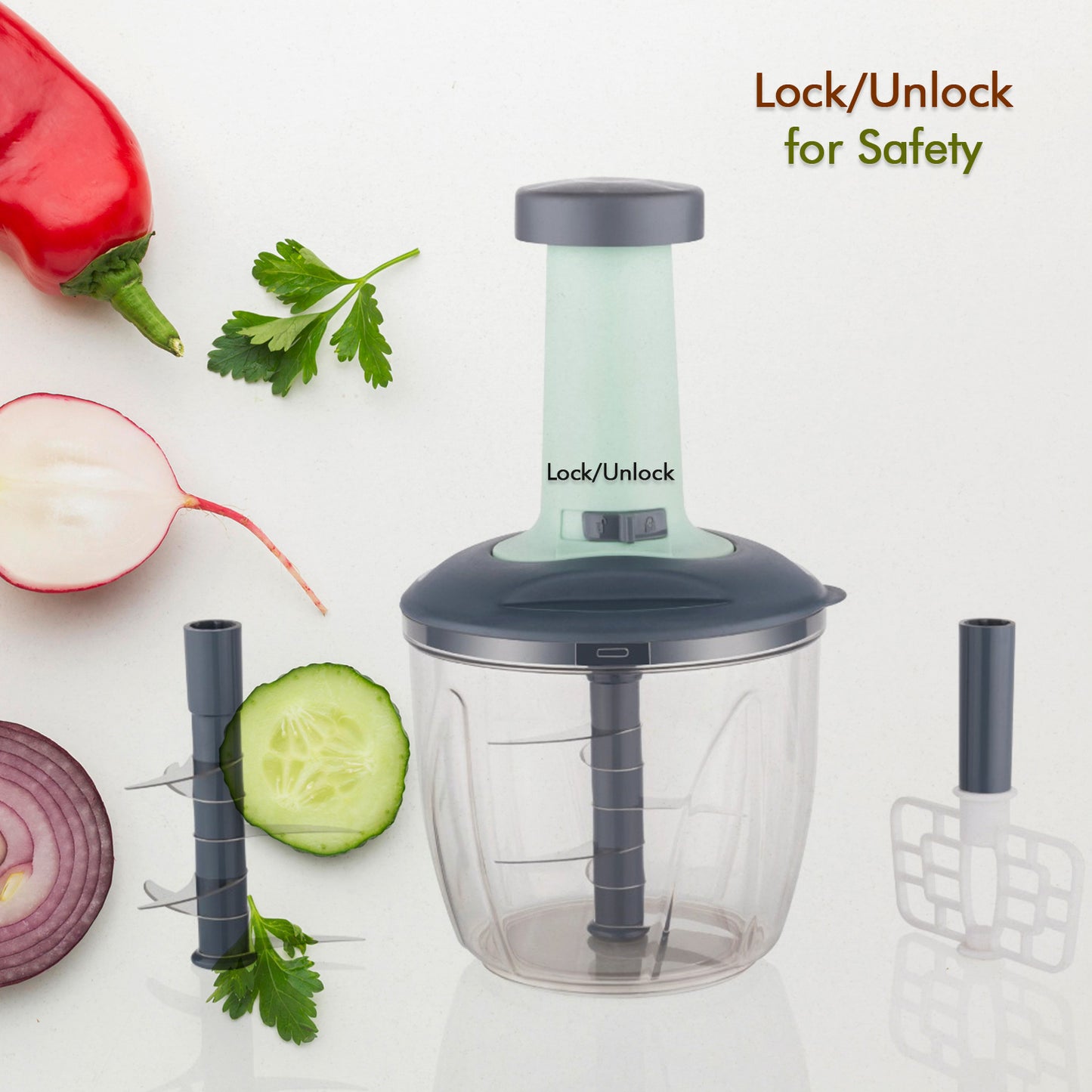 1100 Ml 2 In 1 Push Up Chopper With Blender Affixed With 6 Sharp Blade  Vegetable And Fruit Cutter With Easy Push And Chop Button - Happy Price - Image 3
