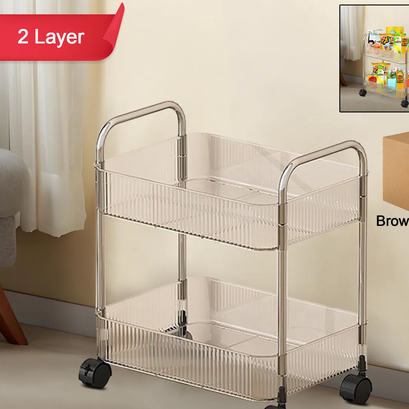 2-Tier Rolling Storage Trolley with Wheels - Multipurpose Organizer Rack (1 Pc) - Happy Price - Image 1
