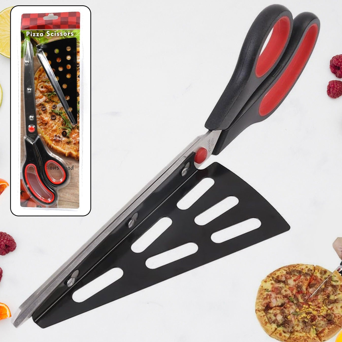 Stainless Steel Pizza Cutter Scissors Plastic Handle With Removable Spatula - Happy Price - Image 1