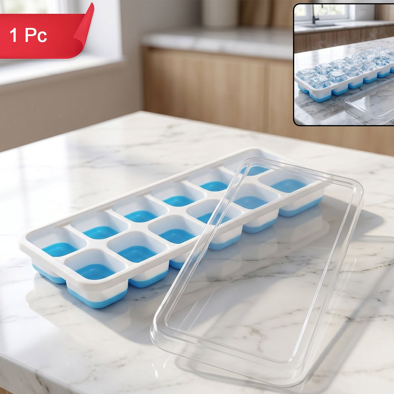 Plastic Ice Cube Tray with Lid, 14 Grids, Blue - 1 Pc - Happy Price - Image 1