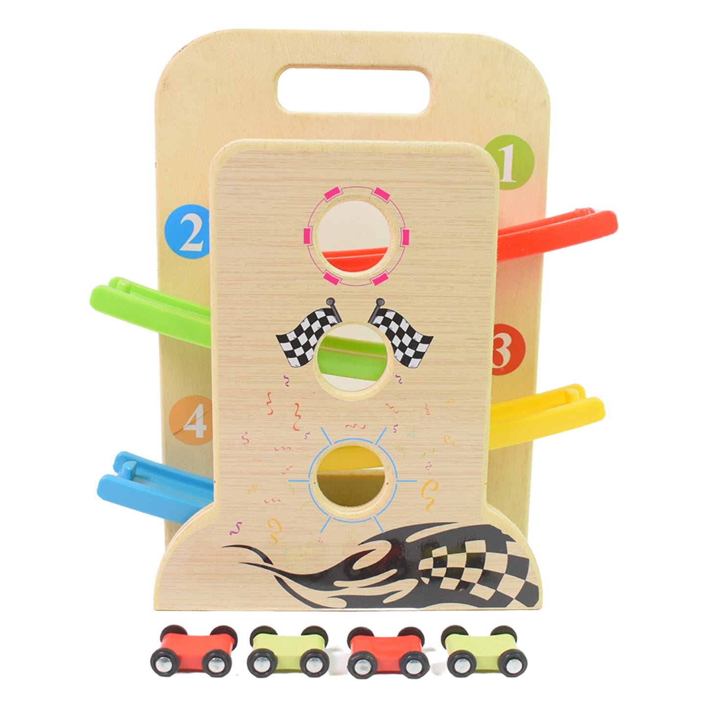 Wooden Ramp Racer Race Track Vehicle Play Sets With 4 Mini Racers (With Handle) - Happy Price - Image 6