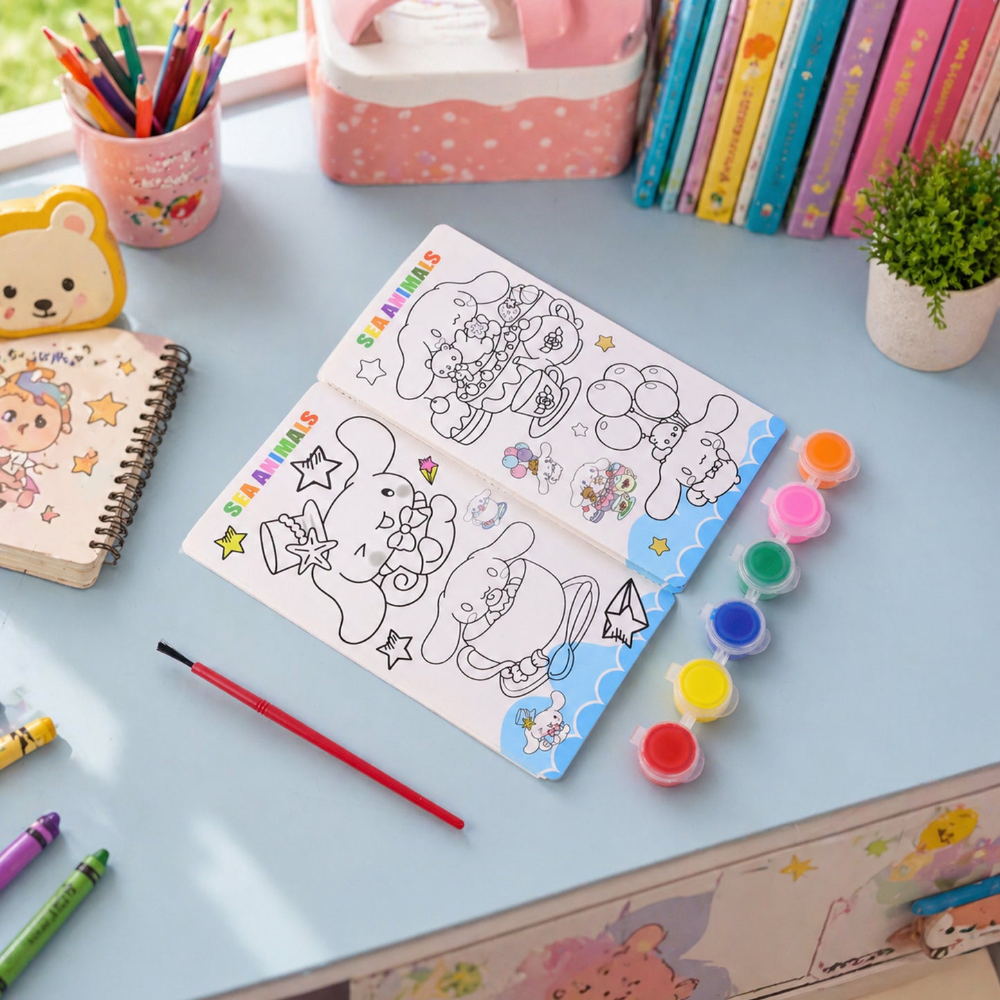 Kids Diy Colour Painting Kit With Cartoon Sketch Book (1 Set)