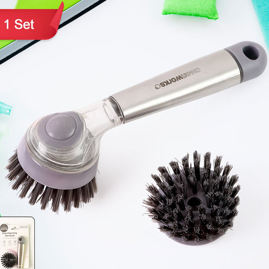 Cleaning Brushes Set Scrub Brush Bathroom Brush Long Handle Liquid Dispenser Pot Washing Brush - Happy Price - Image 1