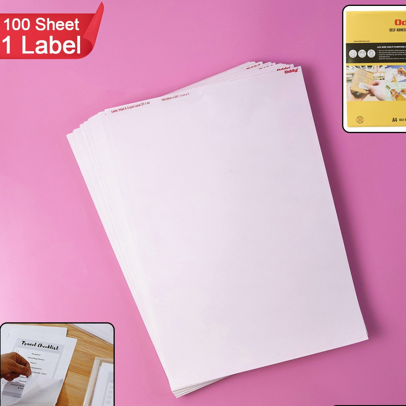 Oddy A4 Full Sheet Labels - 100 Sheets, Permanent Adhesive, Printer Compatible - Happy Price - Image 1