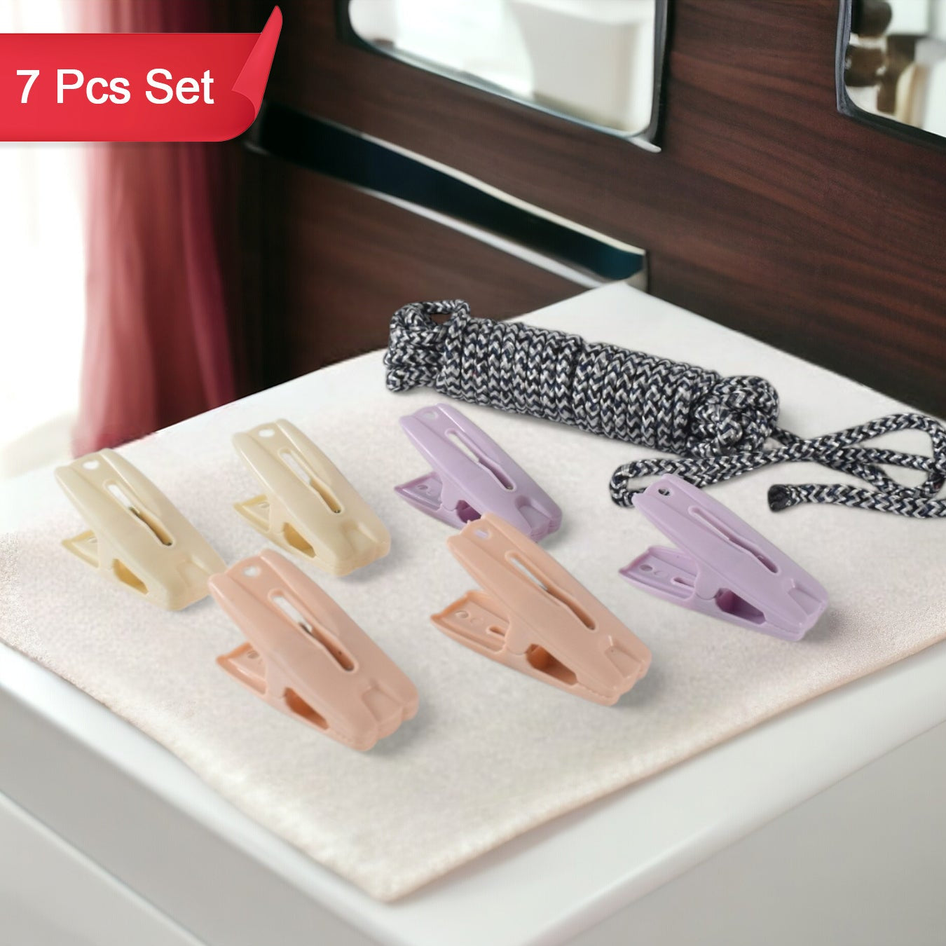 7 Piece Clothes Drying Rope with Clips - Portable Laundry Line - Happy Price - Image 1