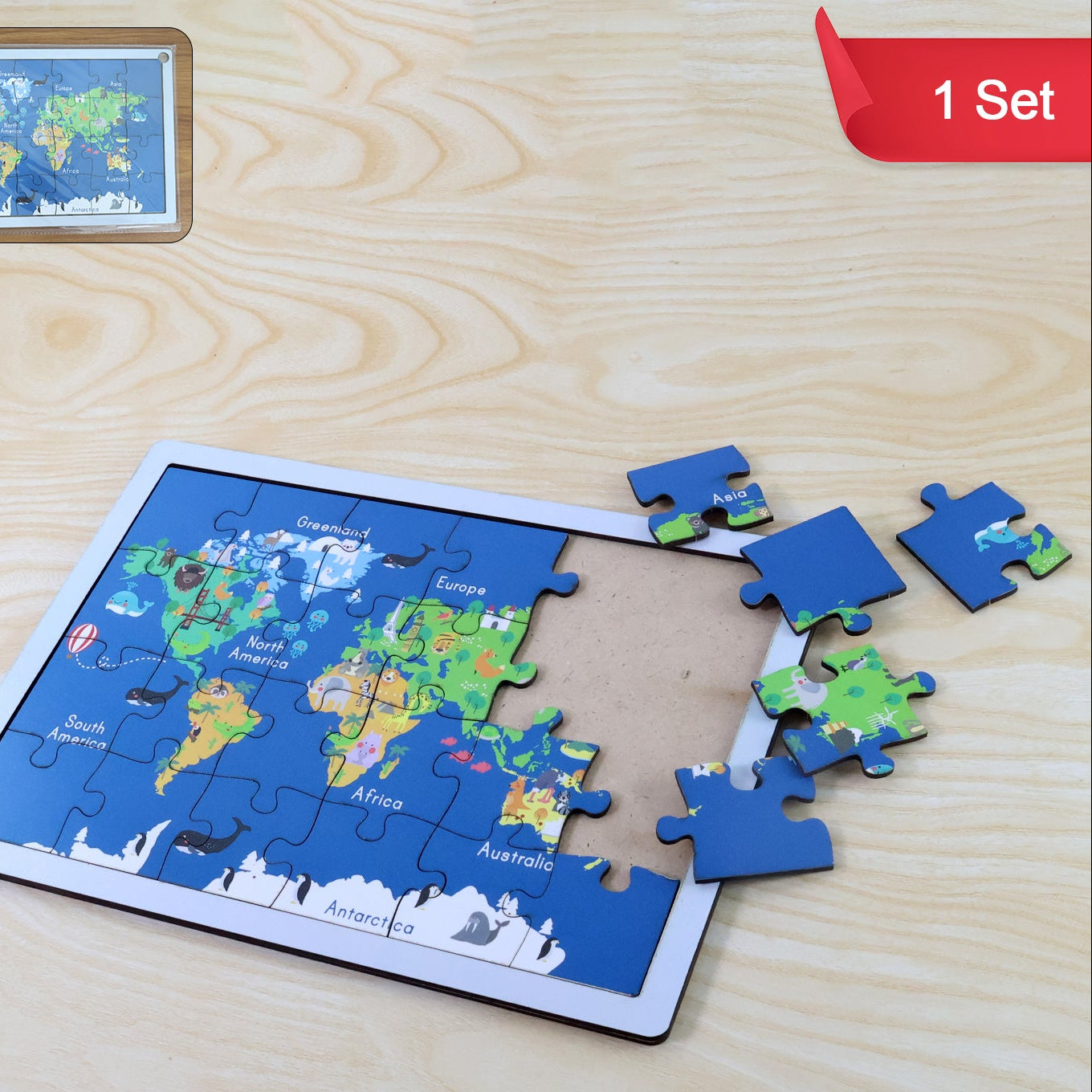 Wooden World Map Puzzle for Kids - Educational Geography Learning Toy (1 Set) - Happy Price - Image 1