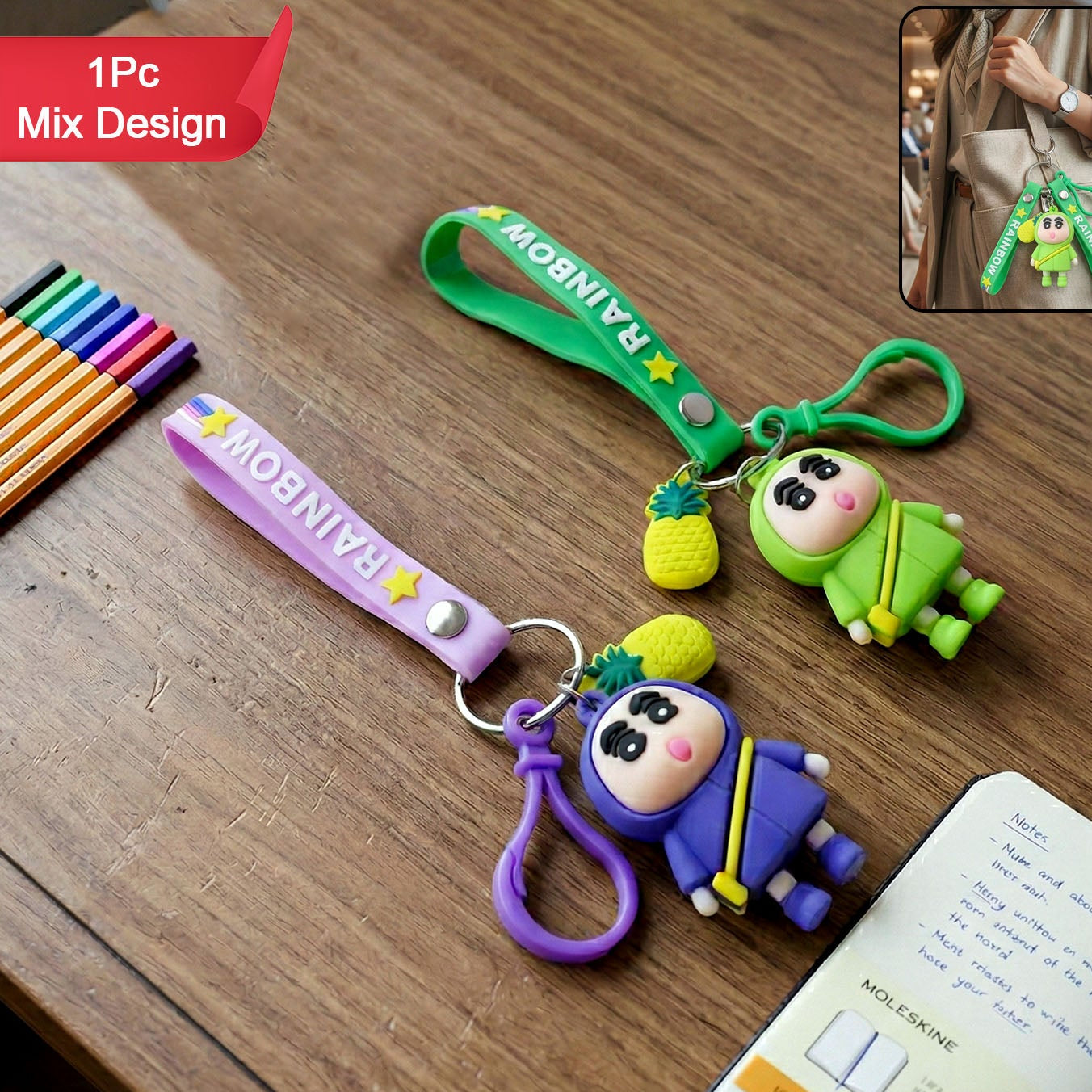 Cute Cartoon Doll Keychain With Strap And Pineapple Charm (1 Pc)