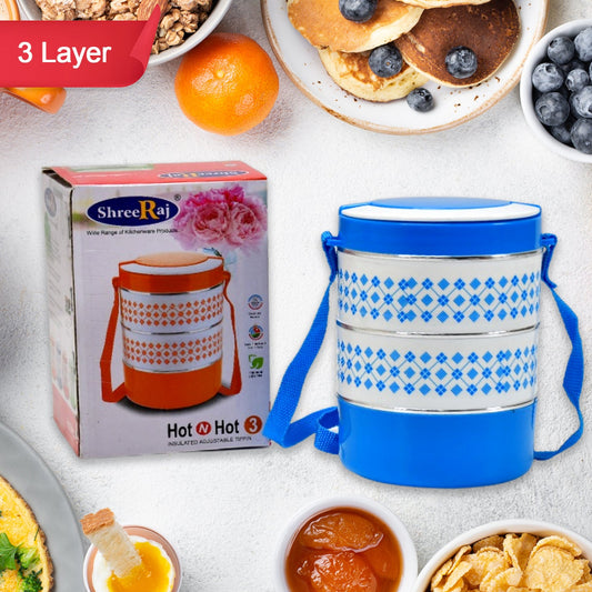 3 Layer Adjustable Insulated Tiffin Set Of 1 Blue 3 Containers Lunch Box - Happy Price - Image 1