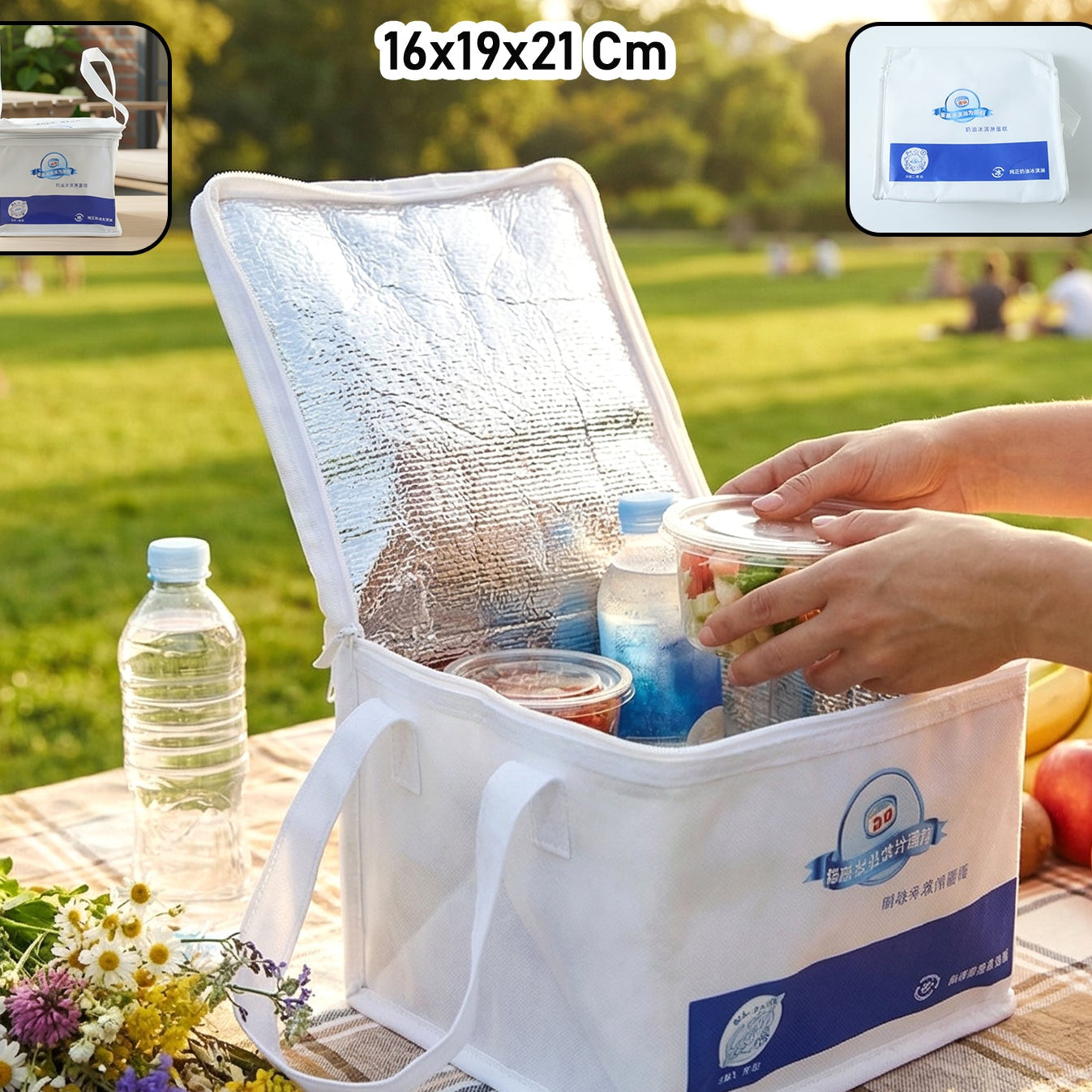 Portable Insulated Lunch Bag With Zipper Closure 16x19x21 Cm