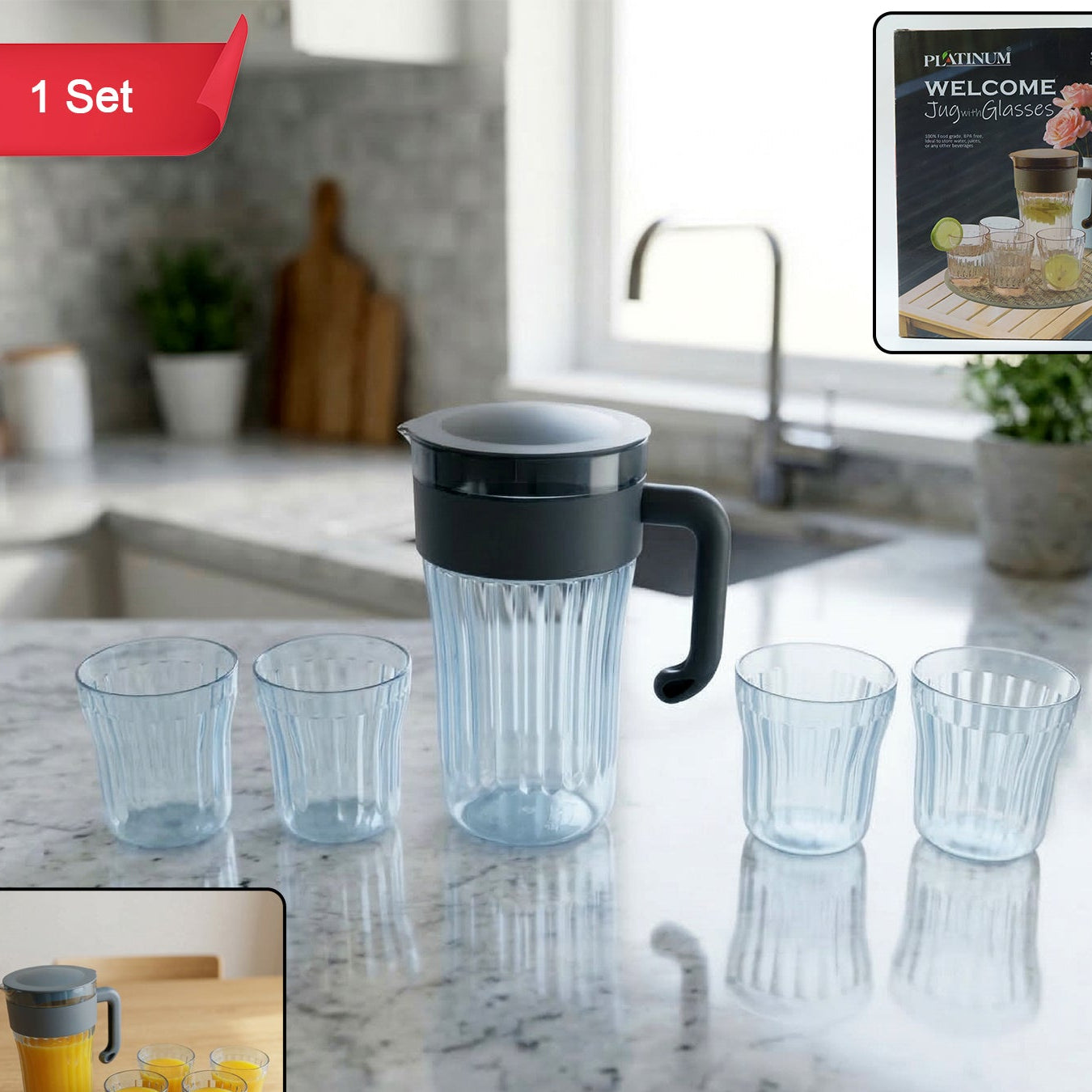 Plastic Jug and 4 Glass Set for Water, Juice - 1 Set - Great Price - Image 1