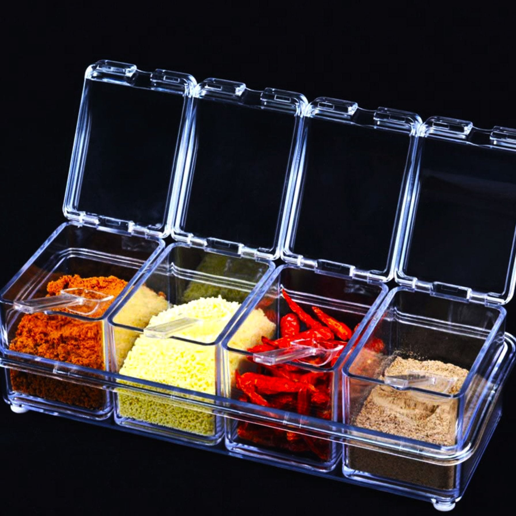 Acrylic Spice Box with 4 Compartments and Spoons for Kitchen - Great Price - Image 1
