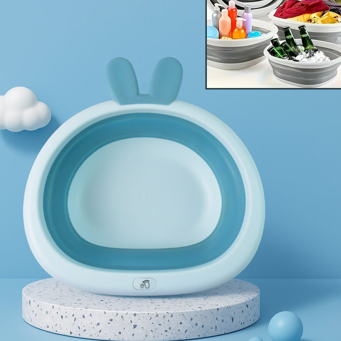 Foldable Collapsible Basin with Bunny Ear Handle - Space-Saving Multipurpose Tub - Happy Price - Image 1