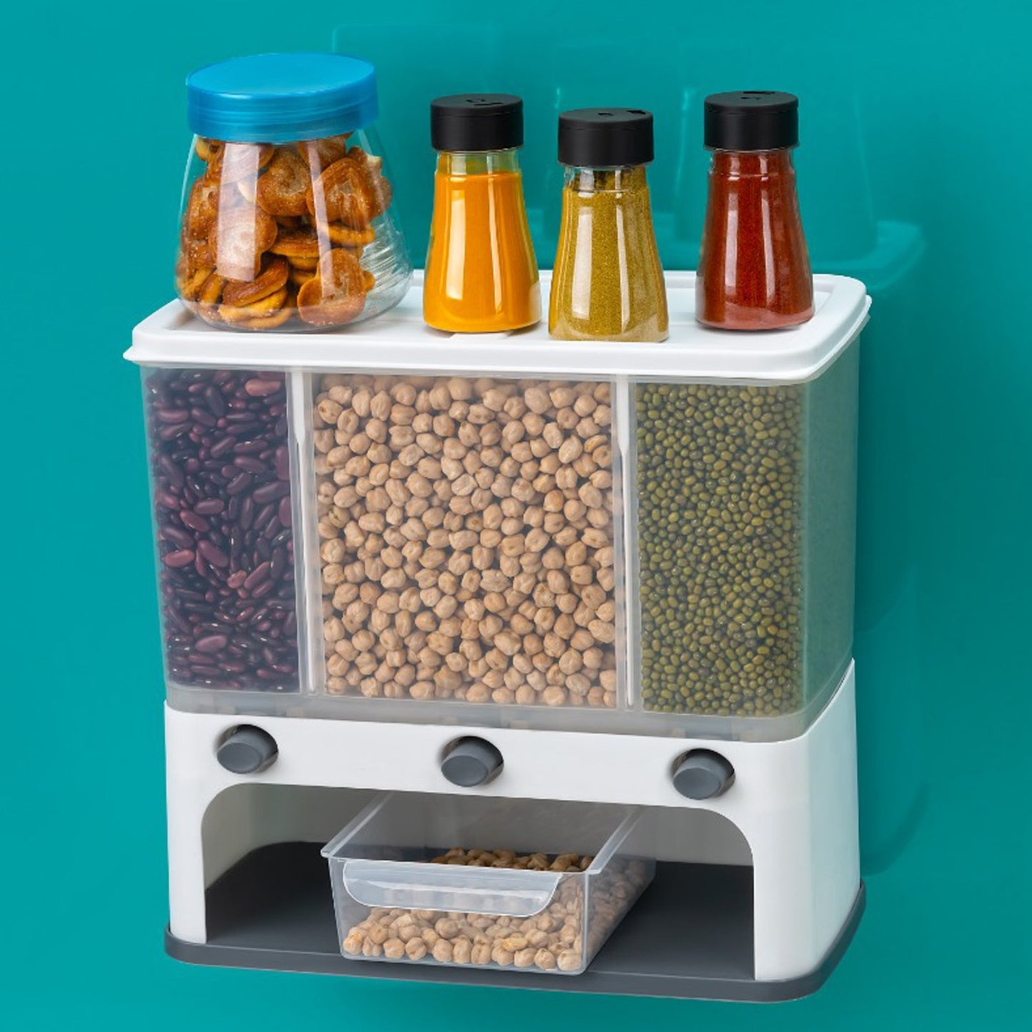 Easy Flow Cereal Dispenser For Kitchen 3 In 1 Push Button Wall Mount Container - Happy Price - Image 4