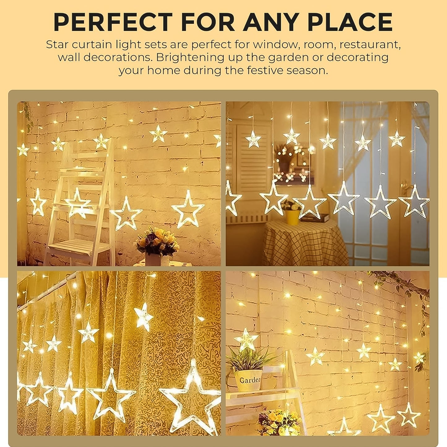 12 Star LED Curtain Lights - Warm White, 8 Modes for Festivals & Home Decor - Happy Price - Image 5