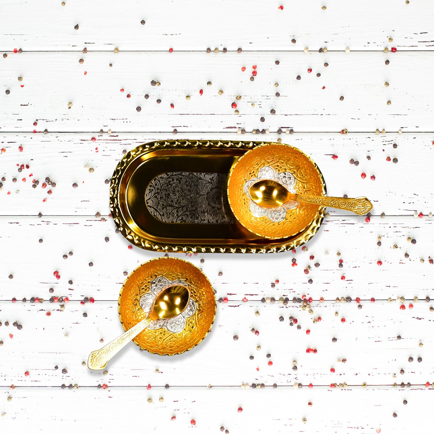 Gold Silver Plated 2 Bowl 2 Spoon Tray Set Brass With Red Velvet Gift Box Serving Dry Fruits Desserts Gift - Happy Price - Image 3