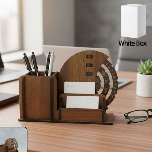 Wooden Desk Organizer with Pen Stand, Card Holder & Rotating Calendar (1 Pc) - Happy Price - Image 1