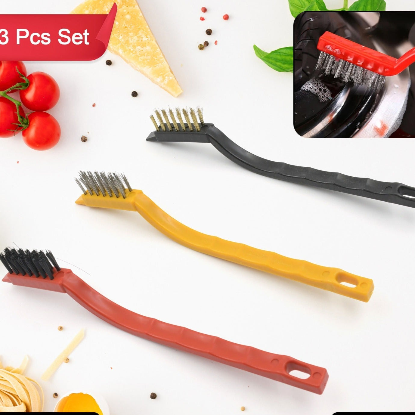 3pc  Mini Wire Brush Set Brass Nylon Stainless Steel Bristles Household Cleaning Brush For Gas Stove Smoke Machine Tool Burner Tiles Tap Rust Removal Welding Slag Dirt  Paint Scrubbing (3 Pcs Set) - Happy Price - Image 1