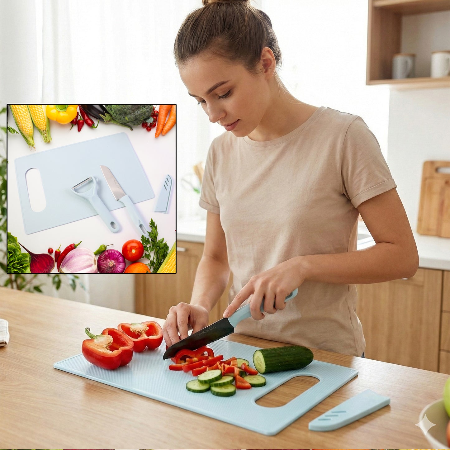 3-in-1 Kitchen Prep Set: Cutting Board, Knife & Peeler - Happy Price - Image 2