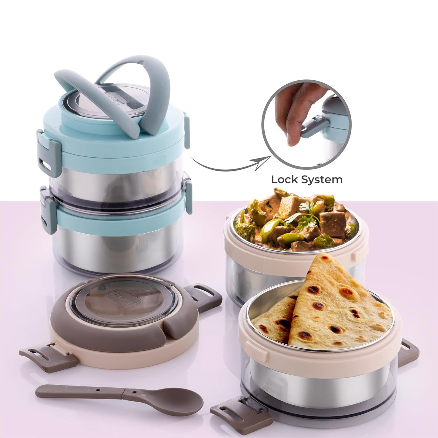 Ganesh Steko-2 Double Layer Stainless Steel Insulated Lunch Box Set - Happy Price - Image 4