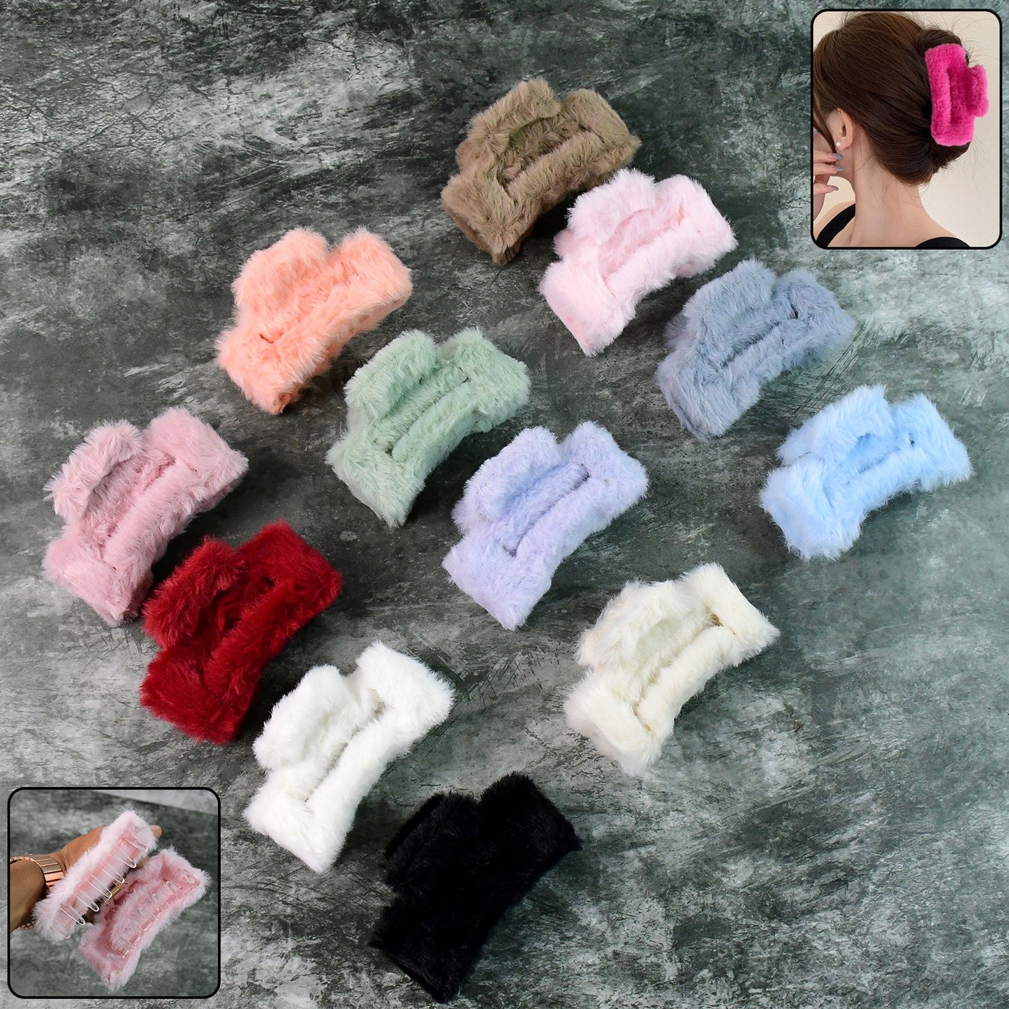 Big Faux Fur Hair Claw Clips - 12 Pc Set for Women & Girls - Happy Price - Image 2
