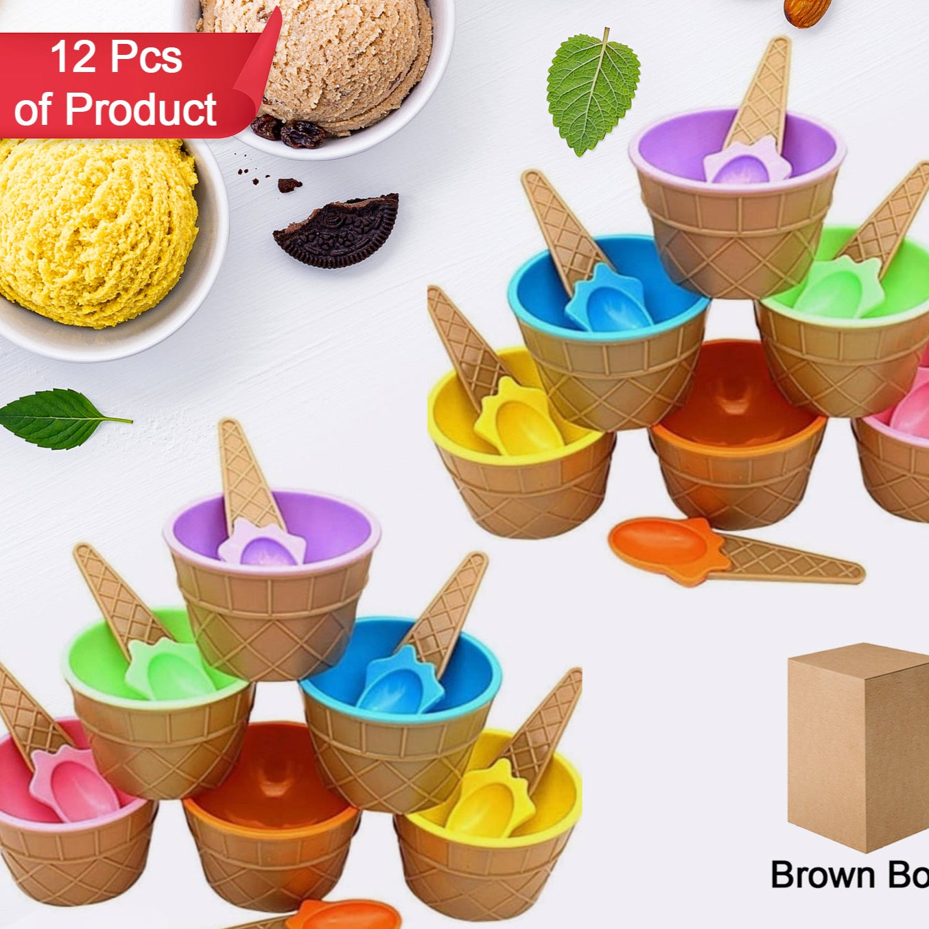 Ice Cream Bowl  Spoon Set Plastic Solid Colour Cream Cup Couple Bowl With Spoon. Ice Cream Spoon  Bowl Set 12 Pc Set Of Ice Cream Bowl  Spoon (Multi Color) - Happy Price - Image 1