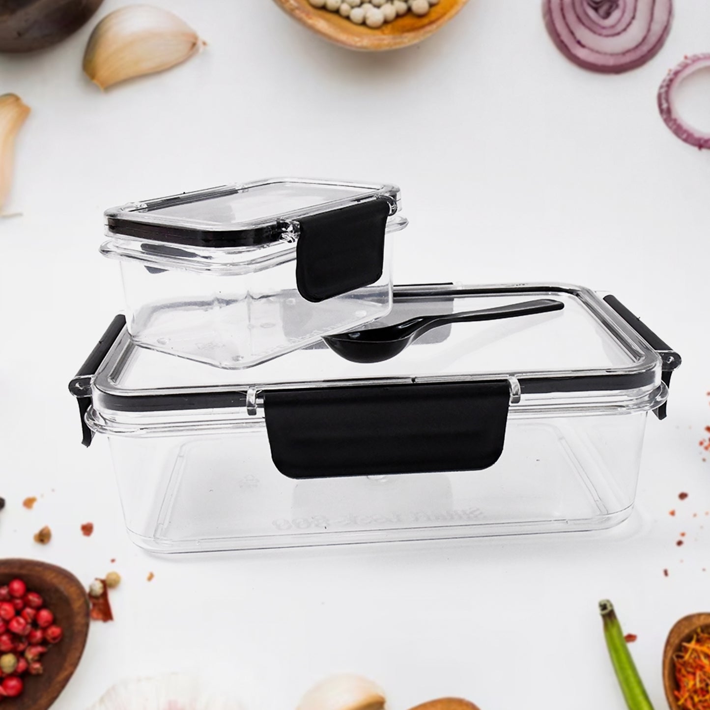 Plastic Kitchen Storage Container Big 800 Ml  Small 250 Ml With Air Seal Lock Lid  Spoon - Happy Price - Image 2