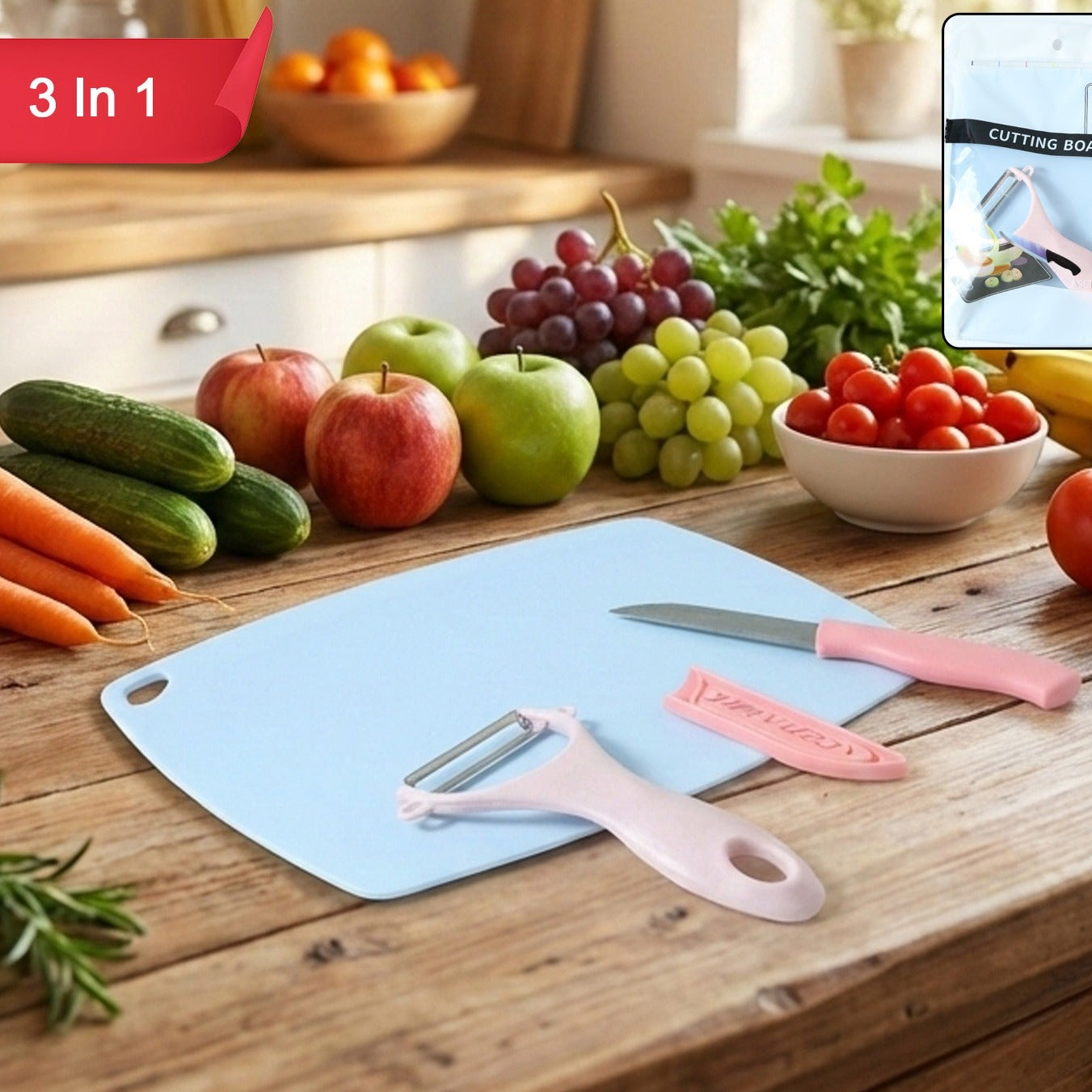 3-in-1 Kitchen Prep Set: Cutting Board, Knife & Peeler (1 Set) - Happy Price - Image 1