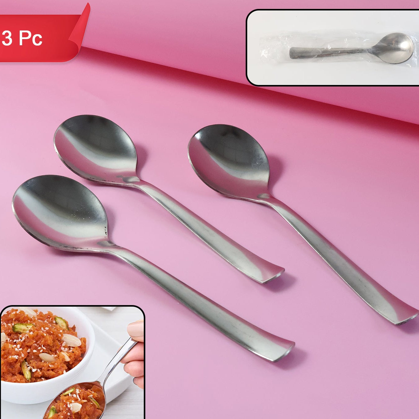 Set of 3 Dining Spoons - Smooth Oval Bowl, Comfortable Handle, Rust-Resistant - Happy Price - Image 1