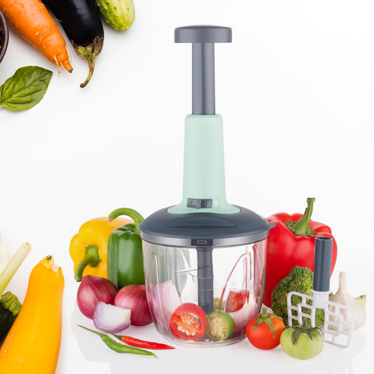 1100 Ml 2 In 1 Push Up Chopper With Blender Affixed With 6 Sharp Blade  Vegetable And Fruit Cutter With Easy Push And Chop Button - Happy Price - Image 2