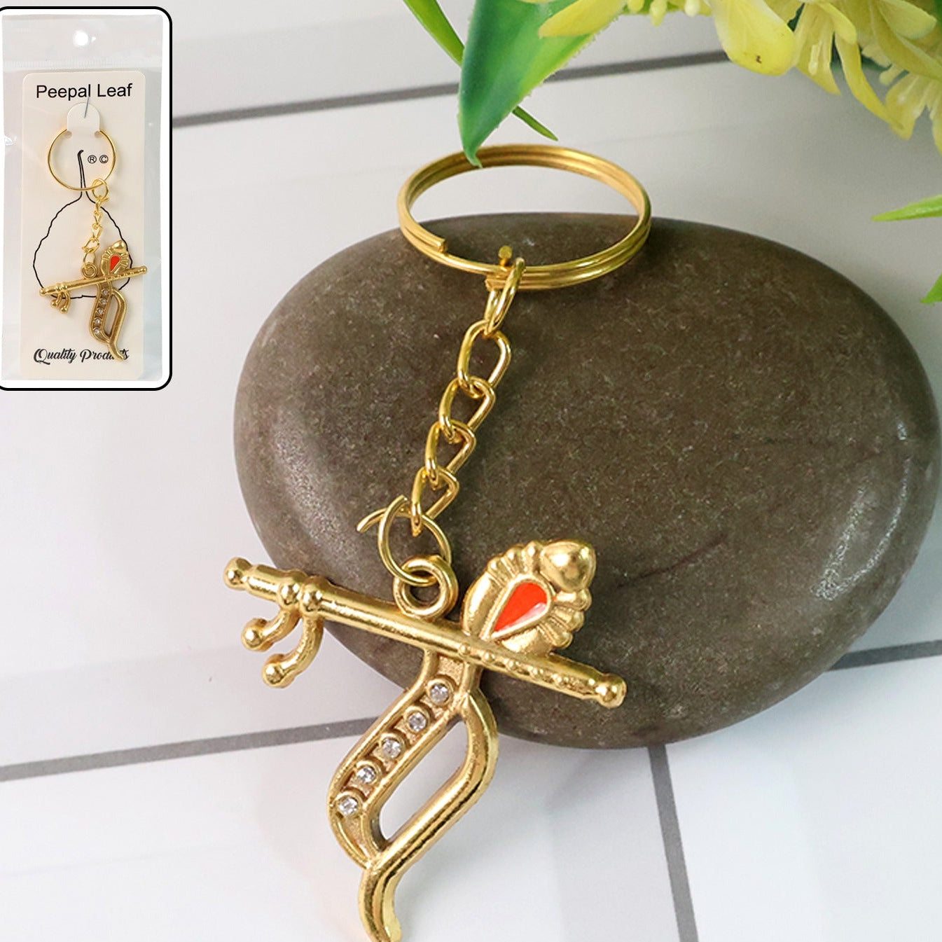 Krishna Flute & Peacock Feather Metal Keychain (1 Pc) - Happy Price - Image 1