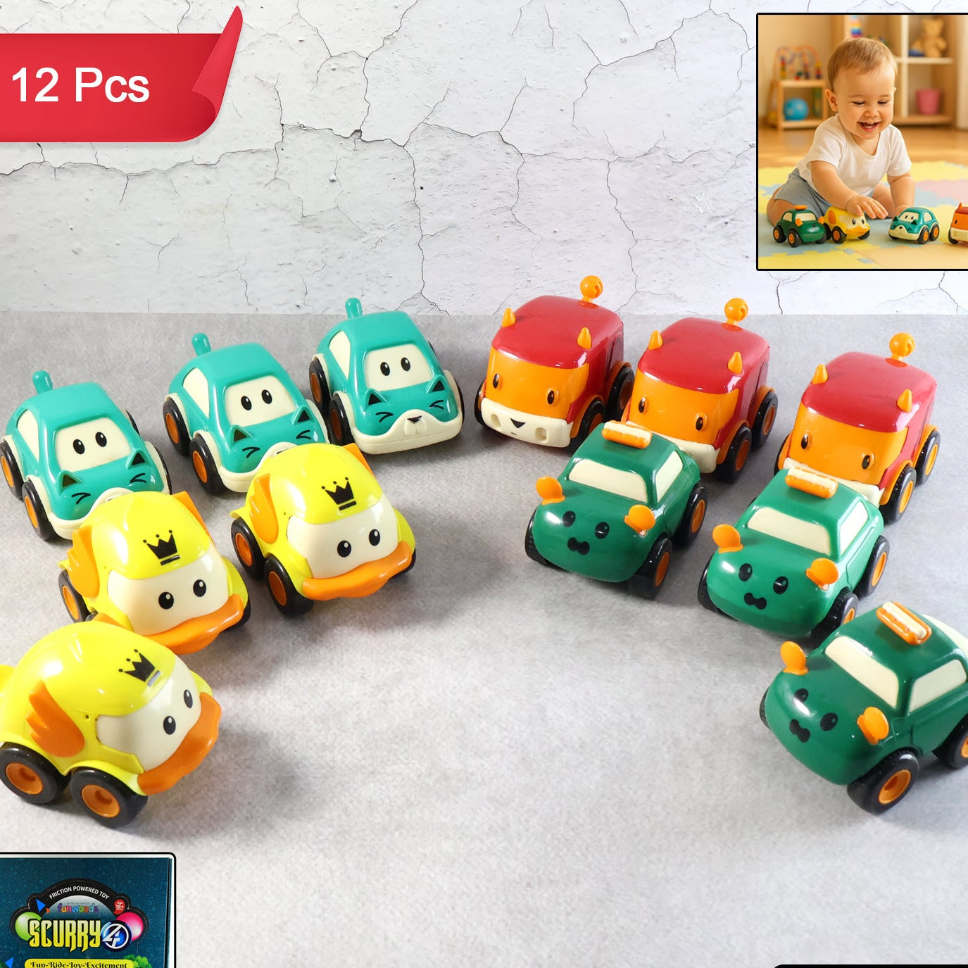 12 Pc Cartoon Pull-Back Car Toy Set for Kids - Fun Mini Vehicles - Happy Price - Image 1